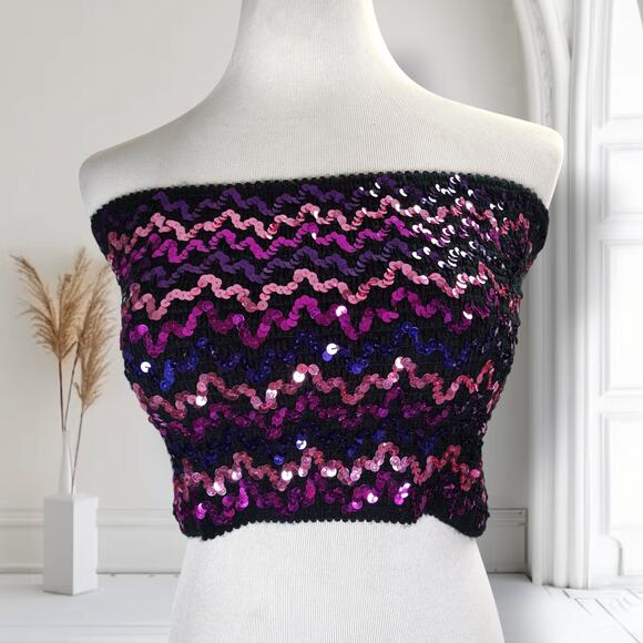 Vintage 80s Sequin Tube Top Black Pink Purple Chevron Zigzag Festival One Size - Picture 1 of 7